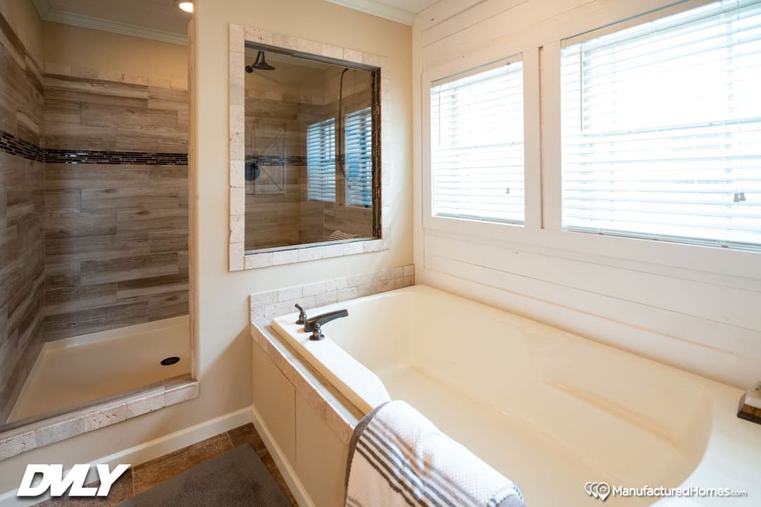 The adriel corner ½ rock fireplace bathroom home features